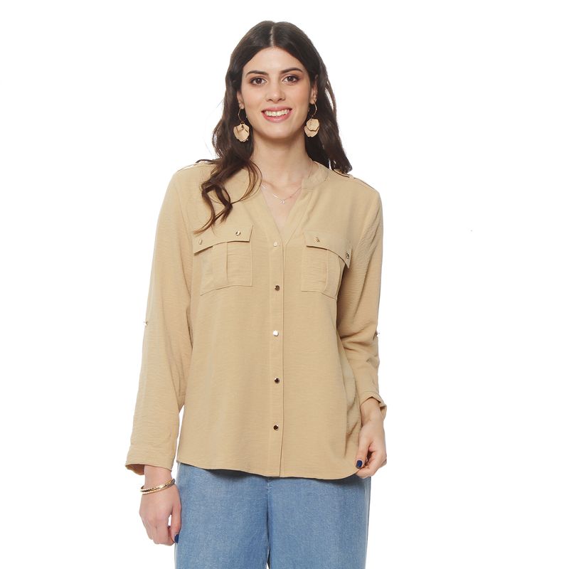 WADOS - BLUSA MANGA LARGA SOLIDA CON CUELLO MAO Y BOLSILLOS