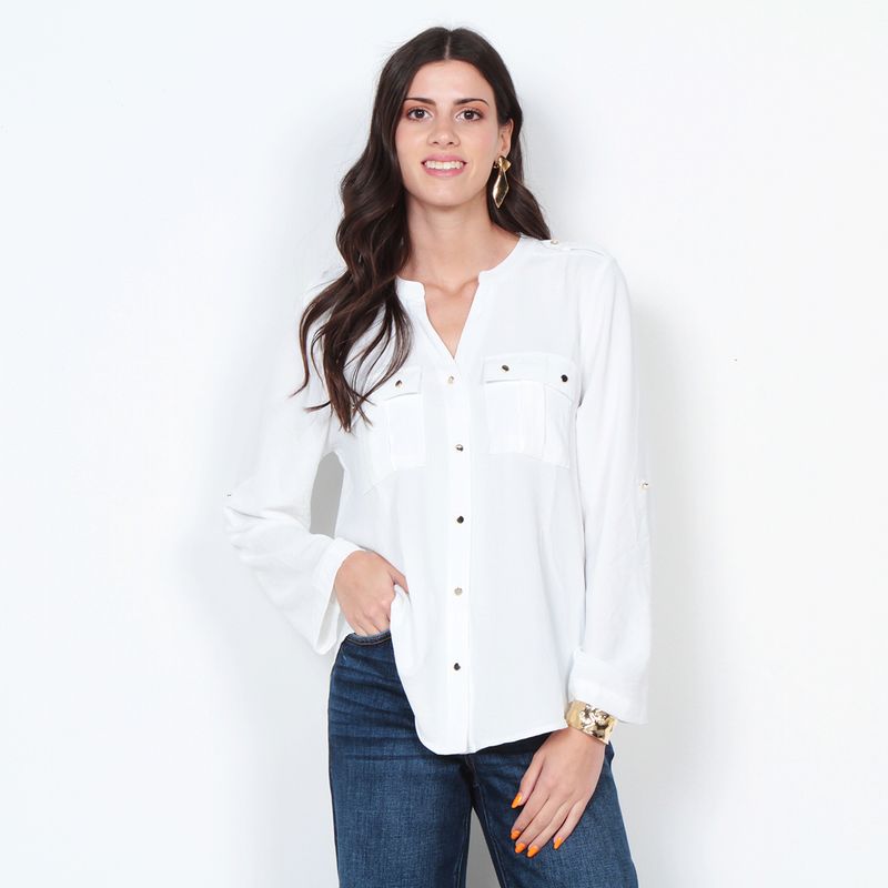 WADOS - BLUSA MANGA LARGA SOLIDA CON CUELLO MAO Y BOLSILLOS