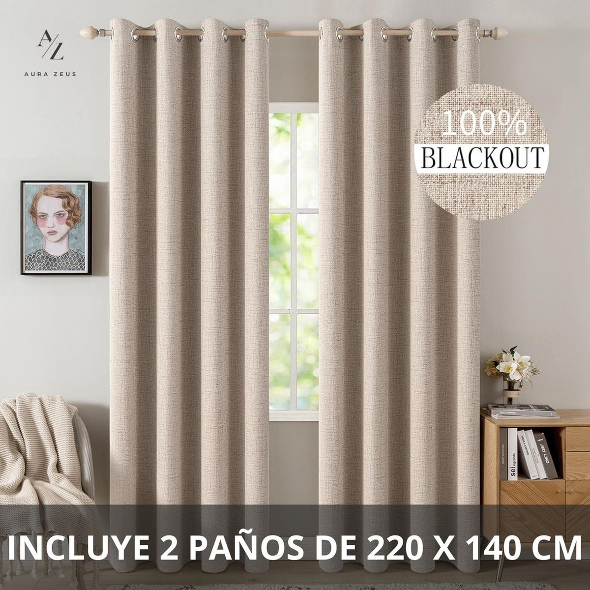 AZ AURAZEUS - Cortina 100% Blackout 2 Paños 220x140 Lino Termica Roller Az Beige