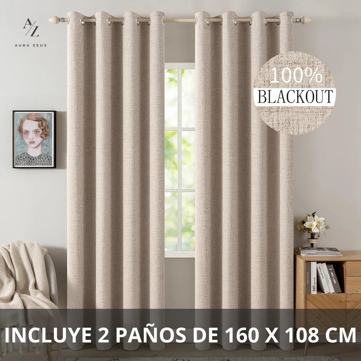 AZ AURAZEUS - Cortina 100% Blackout 2 Paños 160x108 Lino Termica Roller Az Beige