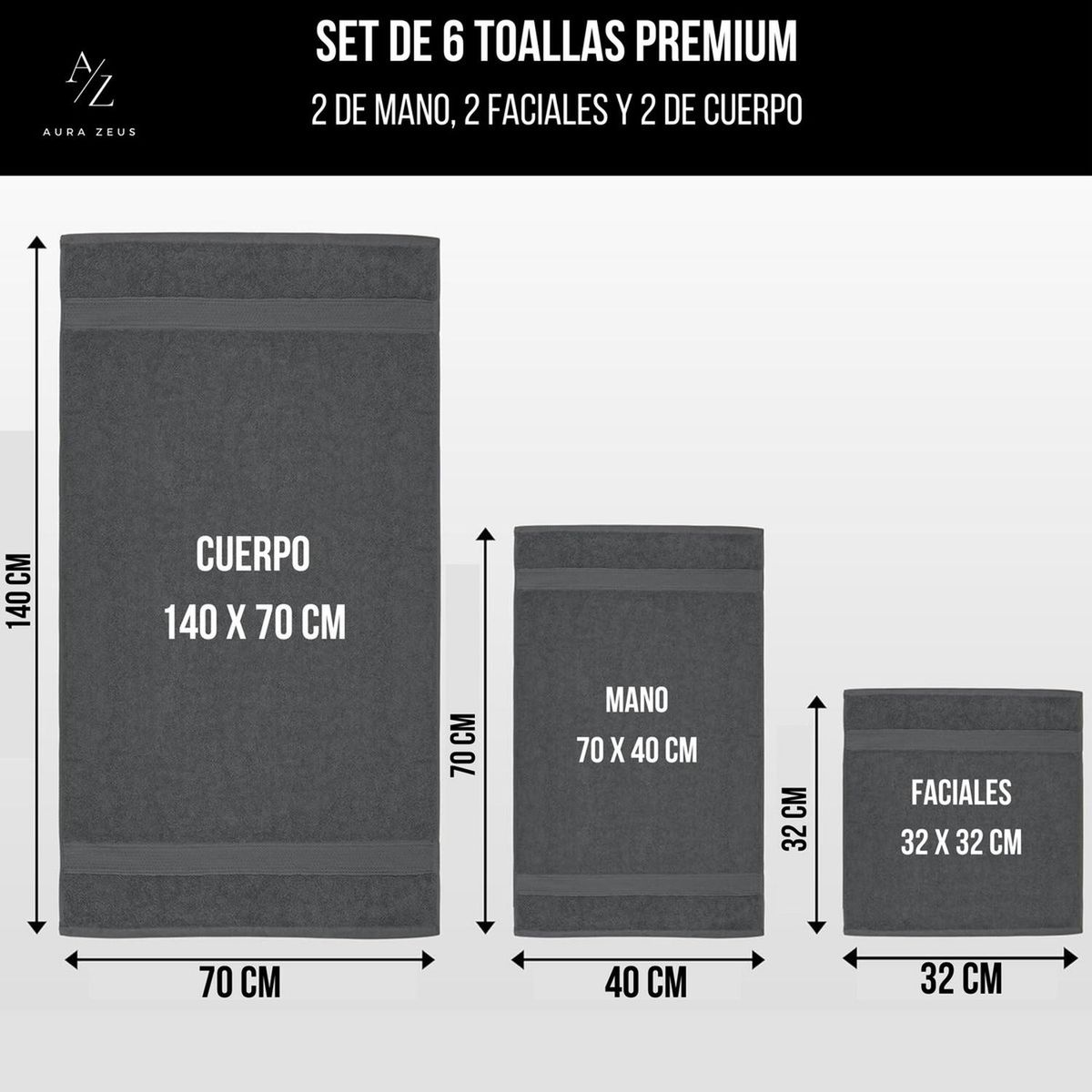 AZ AURAZEUS - Set De 6 Toallas De Baño Algodon 500gr Cuerpo Mano Grande Az Gris