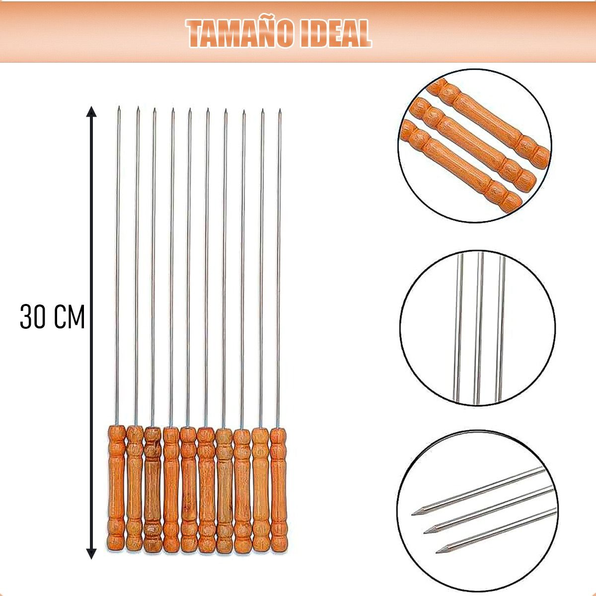 GENERICO - Pinchos Para Asar Brochetas Acero Set 10 Pinchos De Madera