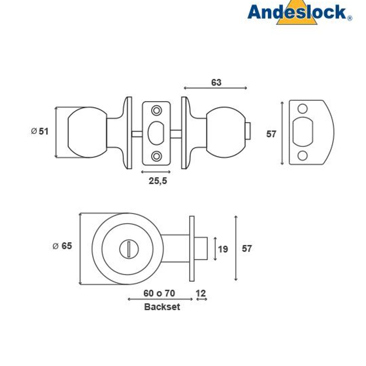 ANDESLOCK - CERRADURA ANDESLOCK POMO-DORMITORIO  BAÑO AA44-ACERO INOXIDABLE