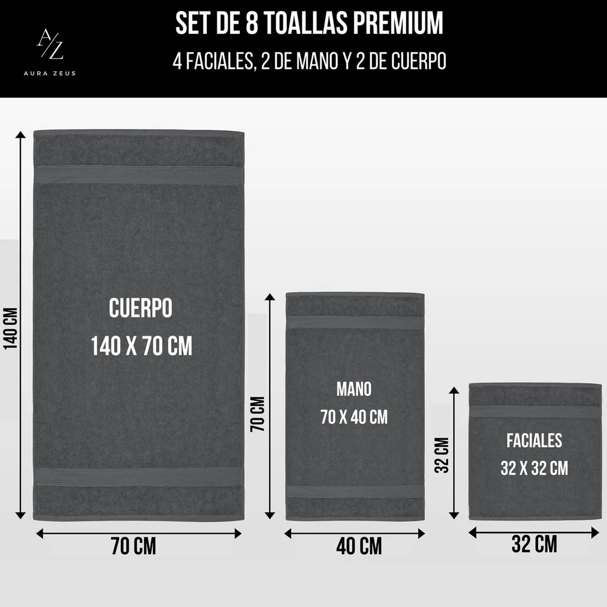 AZ AURAZEUS - Set De 8 Toallas De Baño Algodon 500gr Cuerpo Mano Grande Az Gris