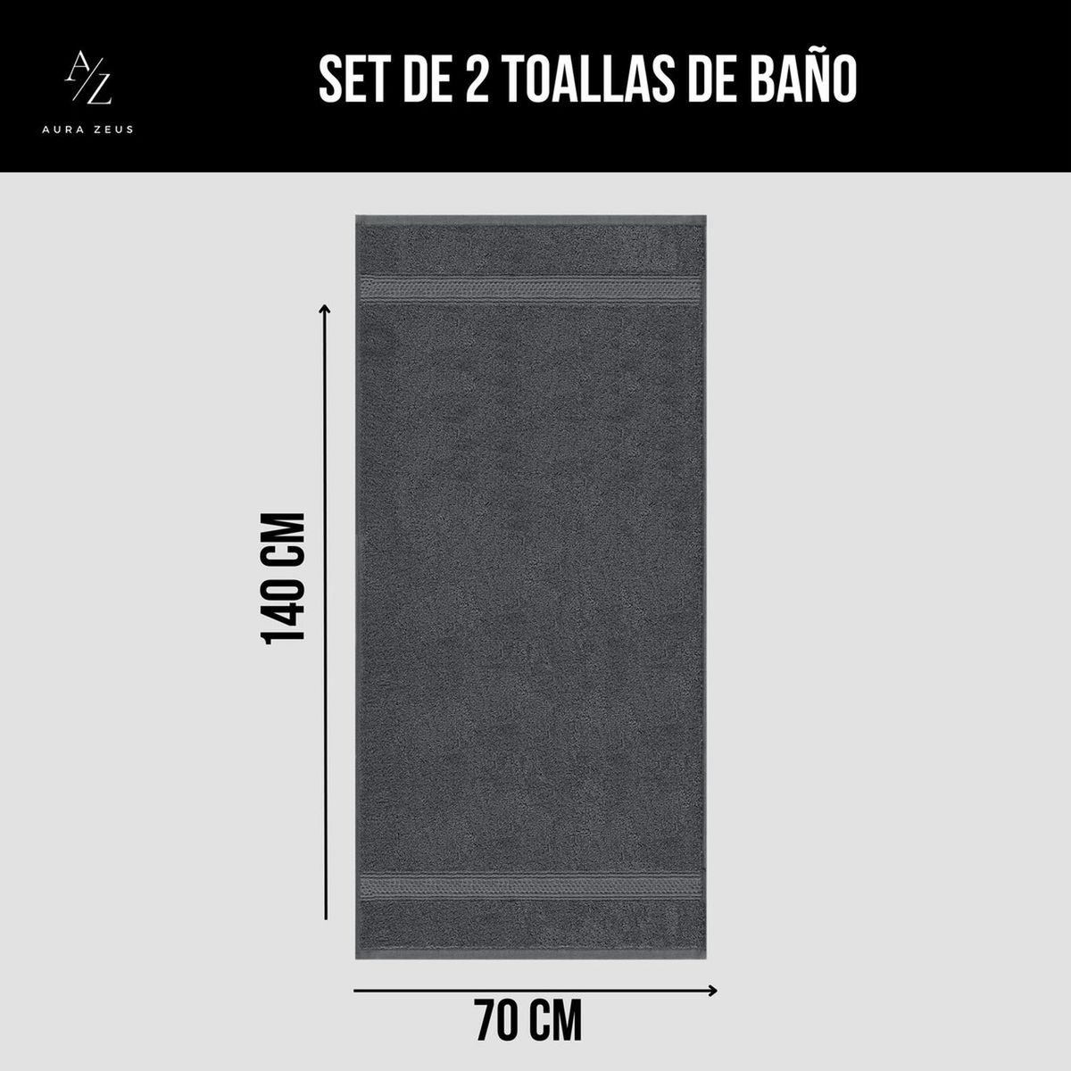 AZ AURAZEUS - Set De 2 Toallas De Baño 140x70 Cm Algodon 500gr Grandes Az Gris