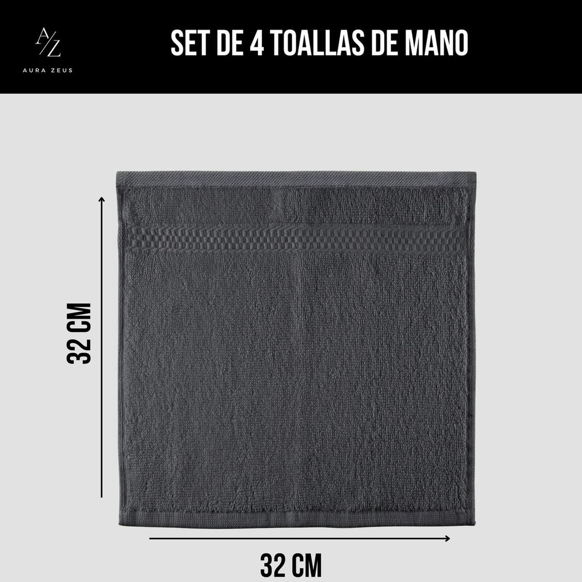 AZ AURAZEUS - Juego De 4 Toallas Faciales 32x32cm Algodon 500g Set Baño Az Gris