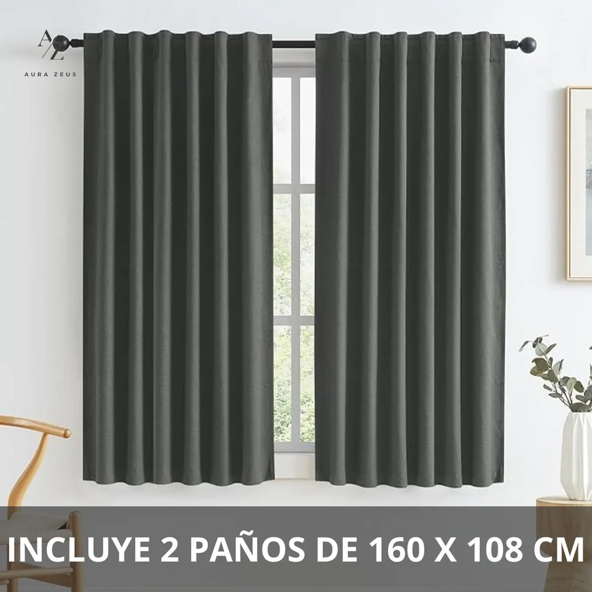 AZ AURAZEUS - Cortina 100% Blackout 2 Paños 160x108 Lino Termica Roller Az Gris