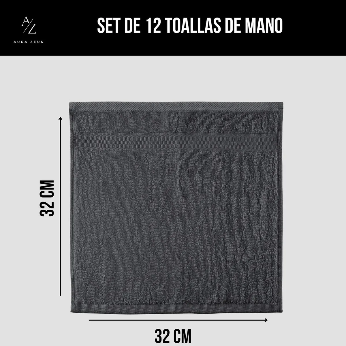 AZ AURAZEUS - Juego De 12 Toallas Faciales 32x32cm Algodon 500g Baño Az Gris Oscuro