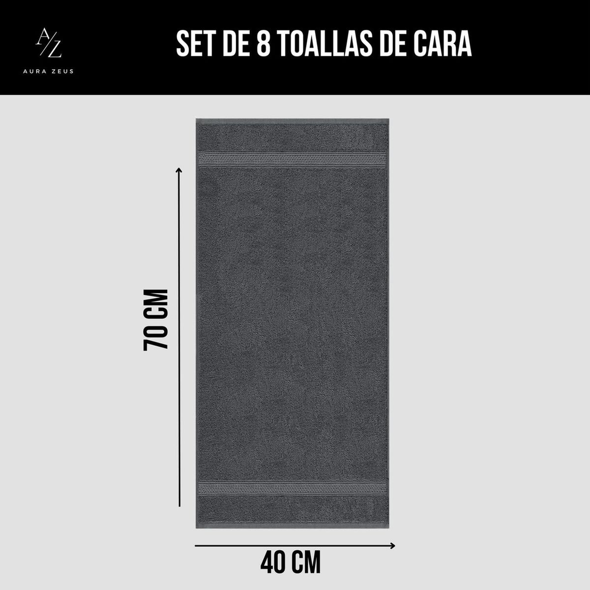 AZ AURAZEUS - Juego De 8 Toallas De Mano 70x40 Cm Algodon 500g Baño Set Az Gris