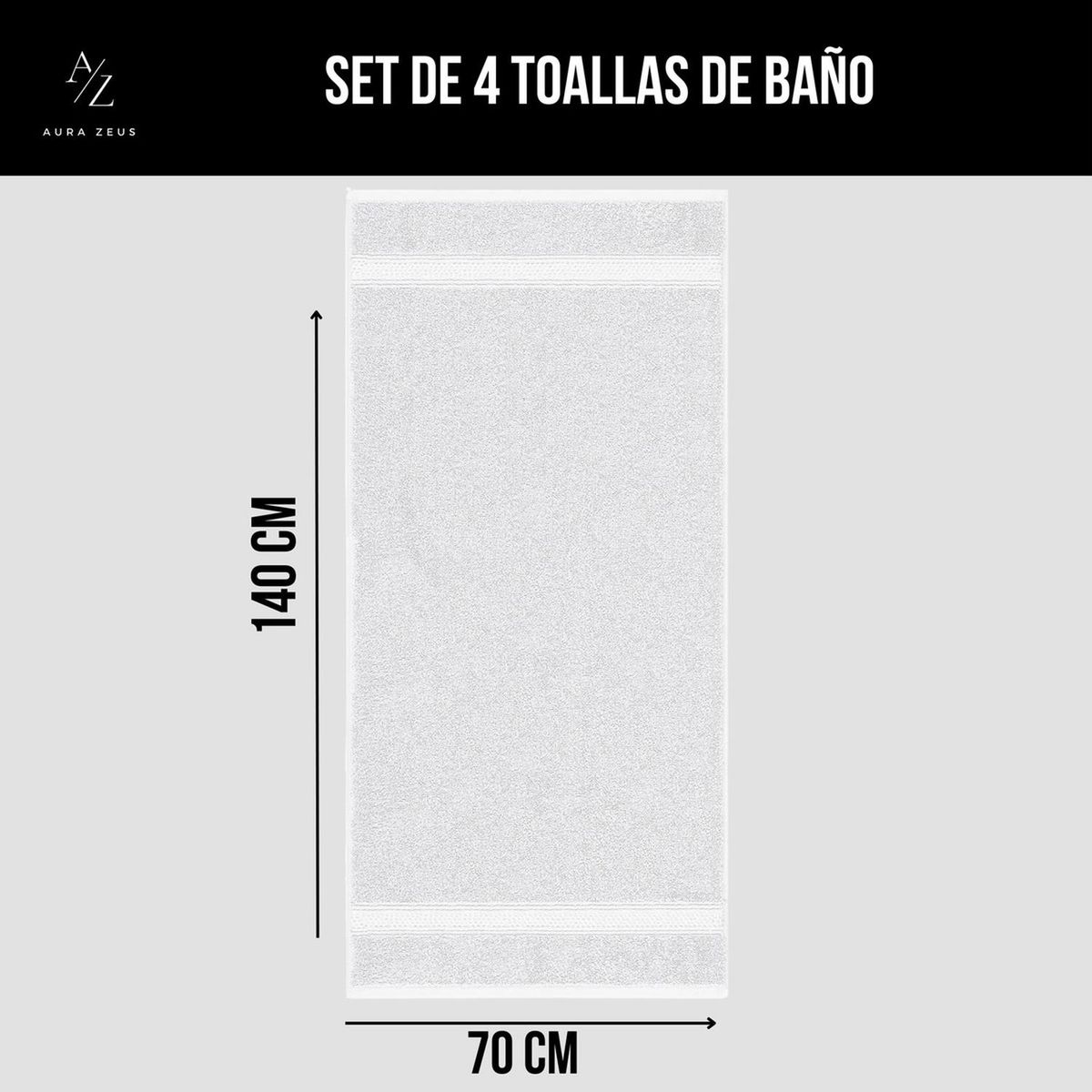AZ AURAZEUS - Set De 4 Toallas De Baño 140x70 Cm Algodon 500gr Grandes Az Blanco