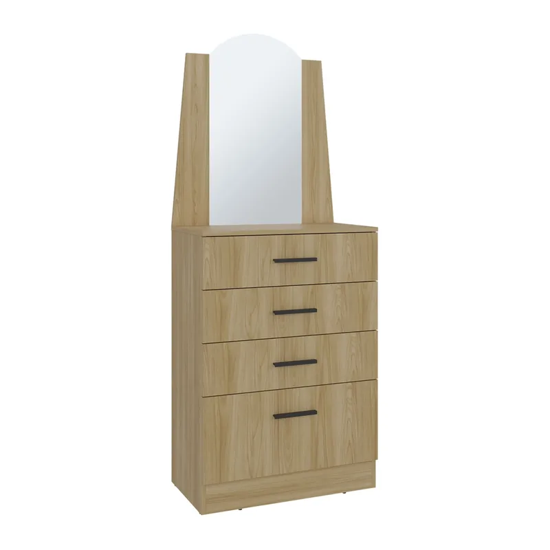 FMFURNITURE - Comoda Con Espejo 3 Cajones 1 Puerta Café Claro