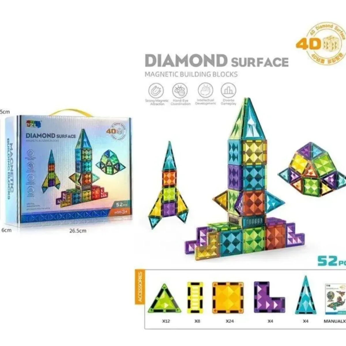 GENERICO - Juguete Didáctico Bloques Magnéticos Diamante 4d 52pcs 52 Piezas