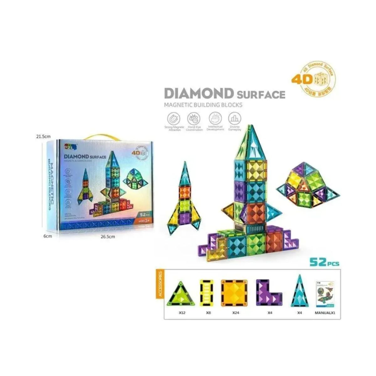 GENERICO - Juguete Didáctico Bloques Magnéticos Diamante 4d 52pcs 52 Piezas