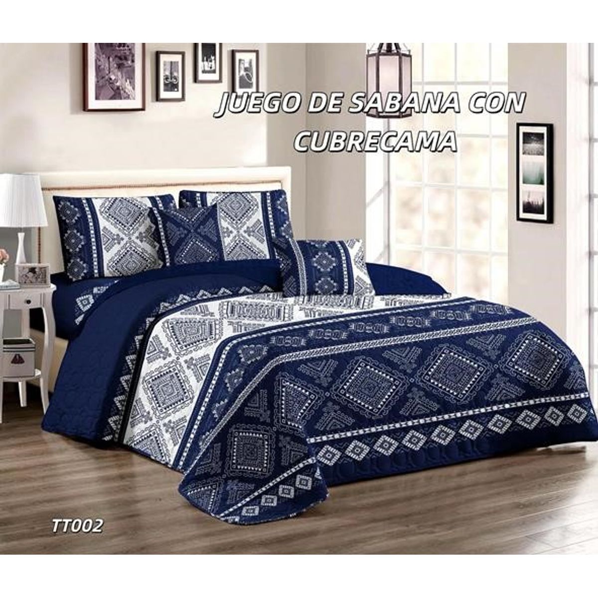 GENERICO - Cobertor tipo Quilt de Verano + Juego de Sabanas 1,5 Plaza Azul Blanco