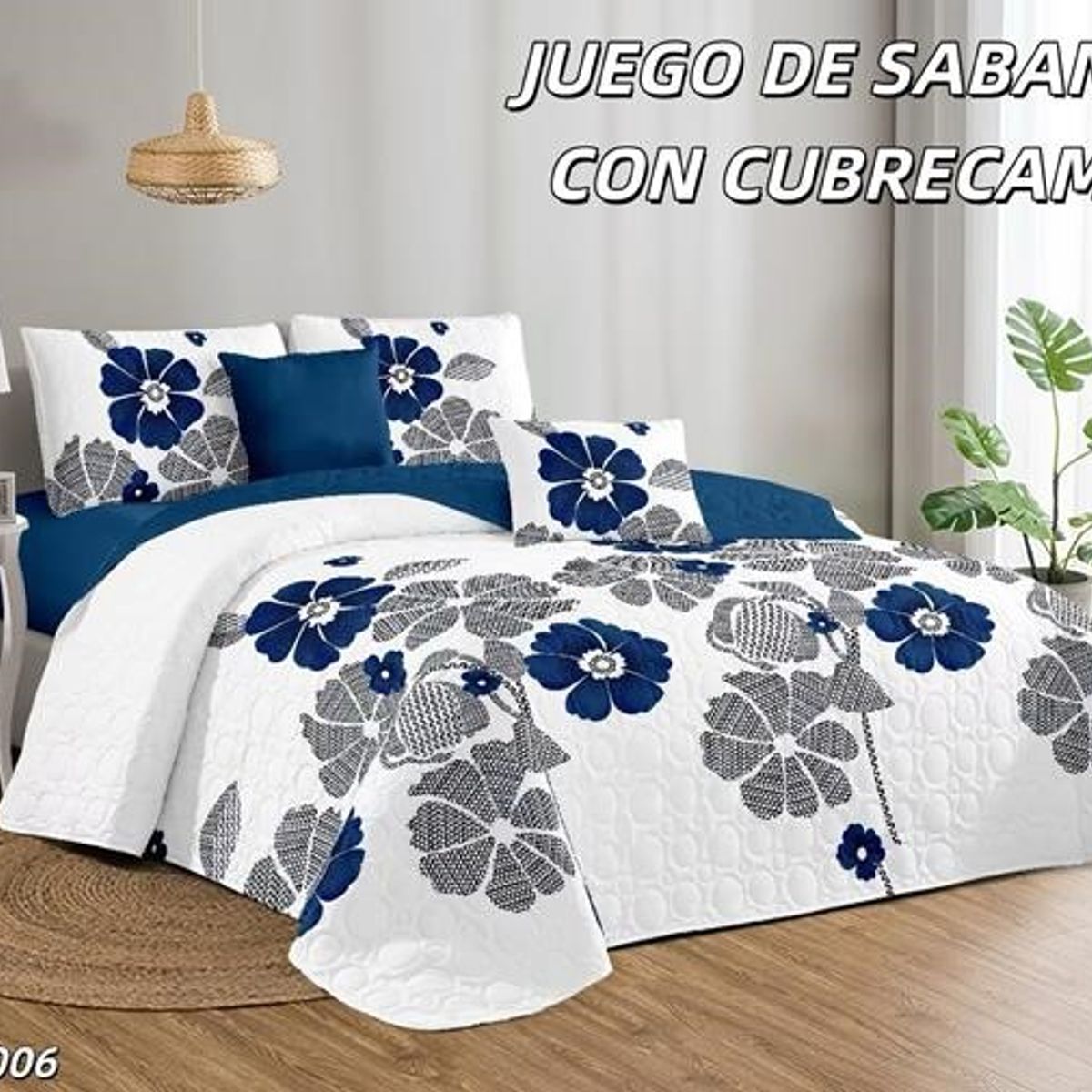 GENERICO - Cobertor tipo Quilt de Verano + Juego de Sabanas 1,5 Plaza Azul Flor
