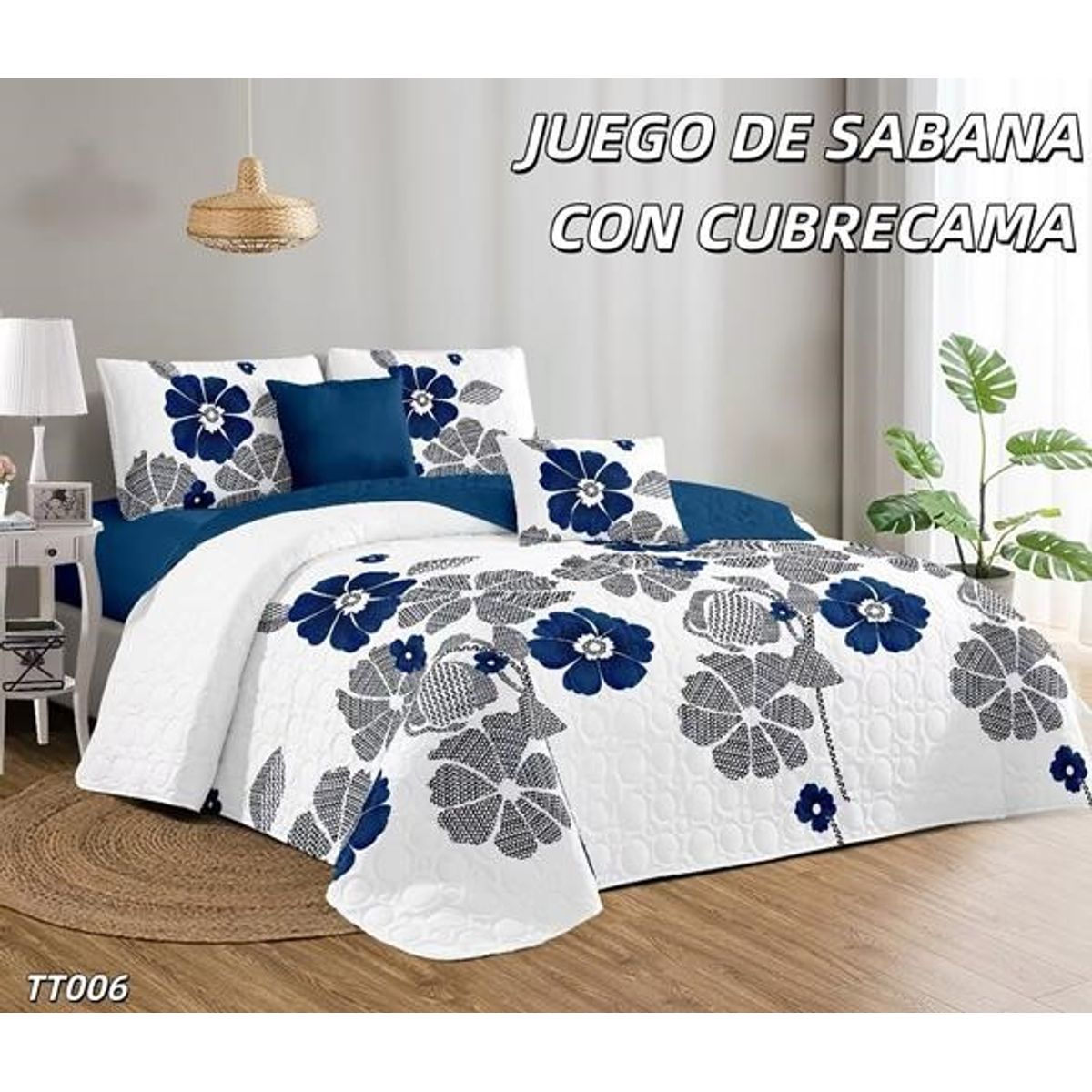 GENERICO - Cobertor tipo Quilt de Verano + Juego de Sabanas 1,5 Plaza Azul Flor
