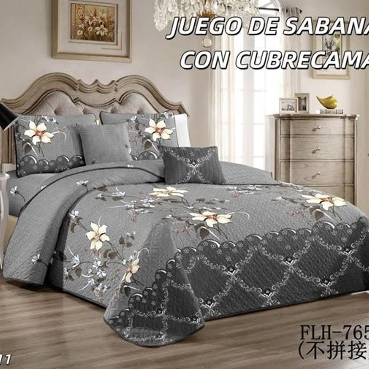 GENERICO - Cobertor tipo Quilt de Verano + Juego de Sabanas 1,5 Plaza Gris Flores