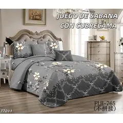 GENERICO - Cobertor tipo Quilt de Verano + Juego de Sabanas 1,5 Plaza Gris Flores