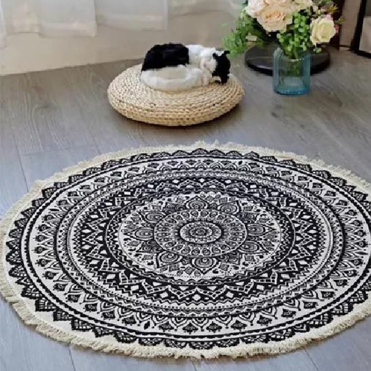 GENERICO - Alfombra Redonda 120 cm Quilín de LinoAlgodón Negro