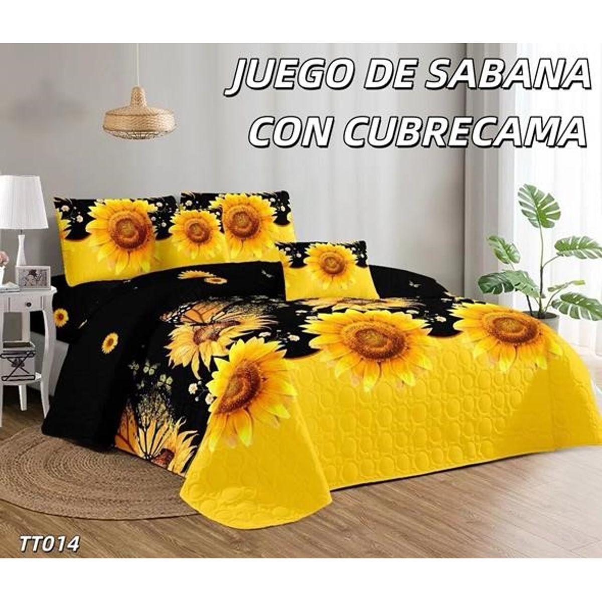 GENERICO - Cobertor tipo Quilt de Verano + Juego de Sabanas 1,5 Plaza Girasoles