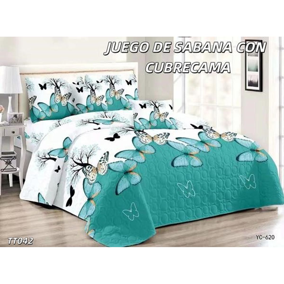 GENERICO - Cobertor tipo Quilt de Verano + Juego de Sabanas 1,5 Plaza Calipso