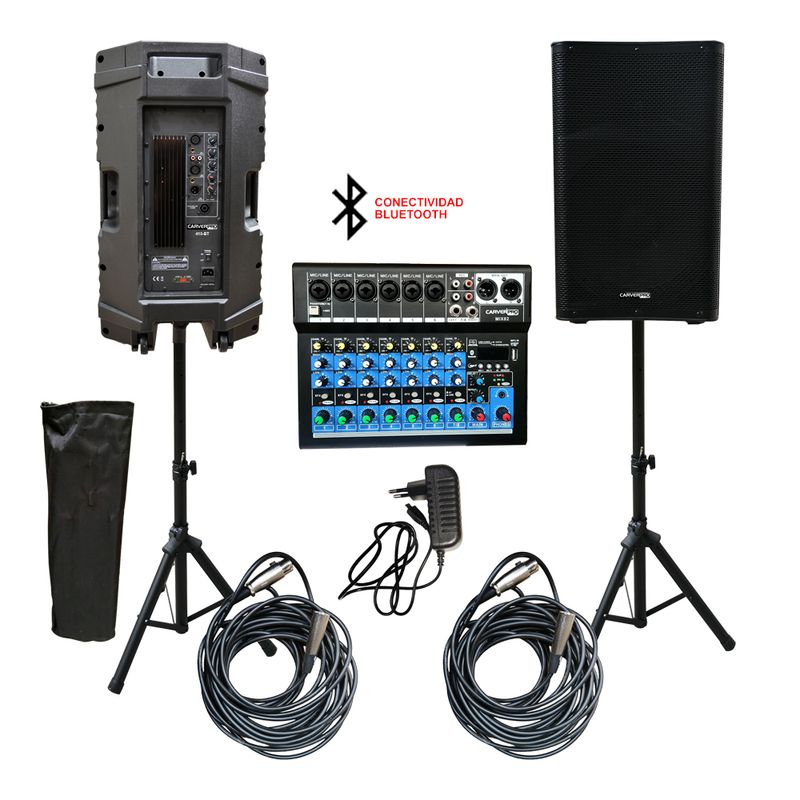 CARVERPRO - KIT AMPLIFICACION MIXER 8 CAN+ 2 CAJAS ACTIVA + BLUETOOTH CARVERPRO