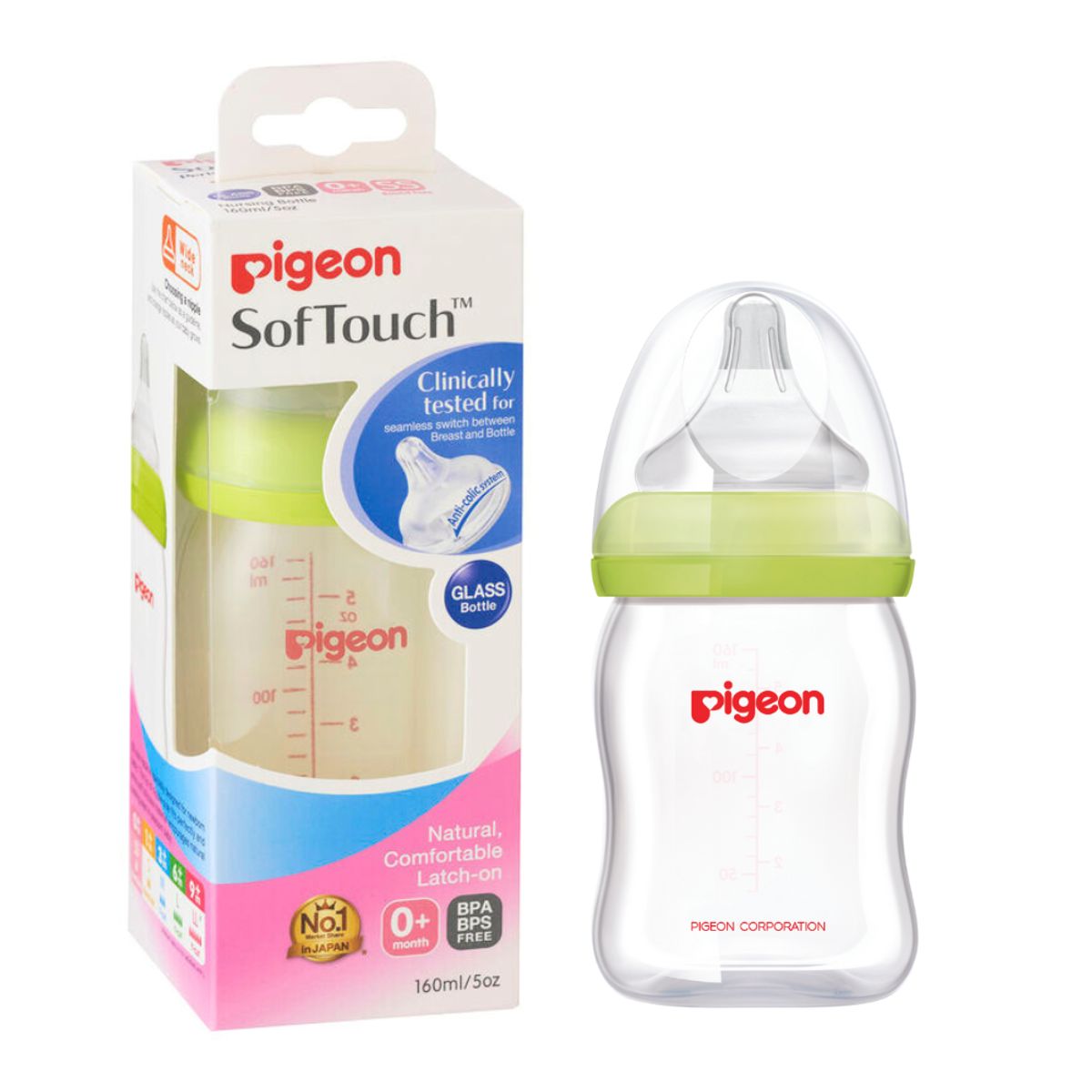 PIGEON - Mamadera Anti-cólicos Softouch Vidrio 160 Ml