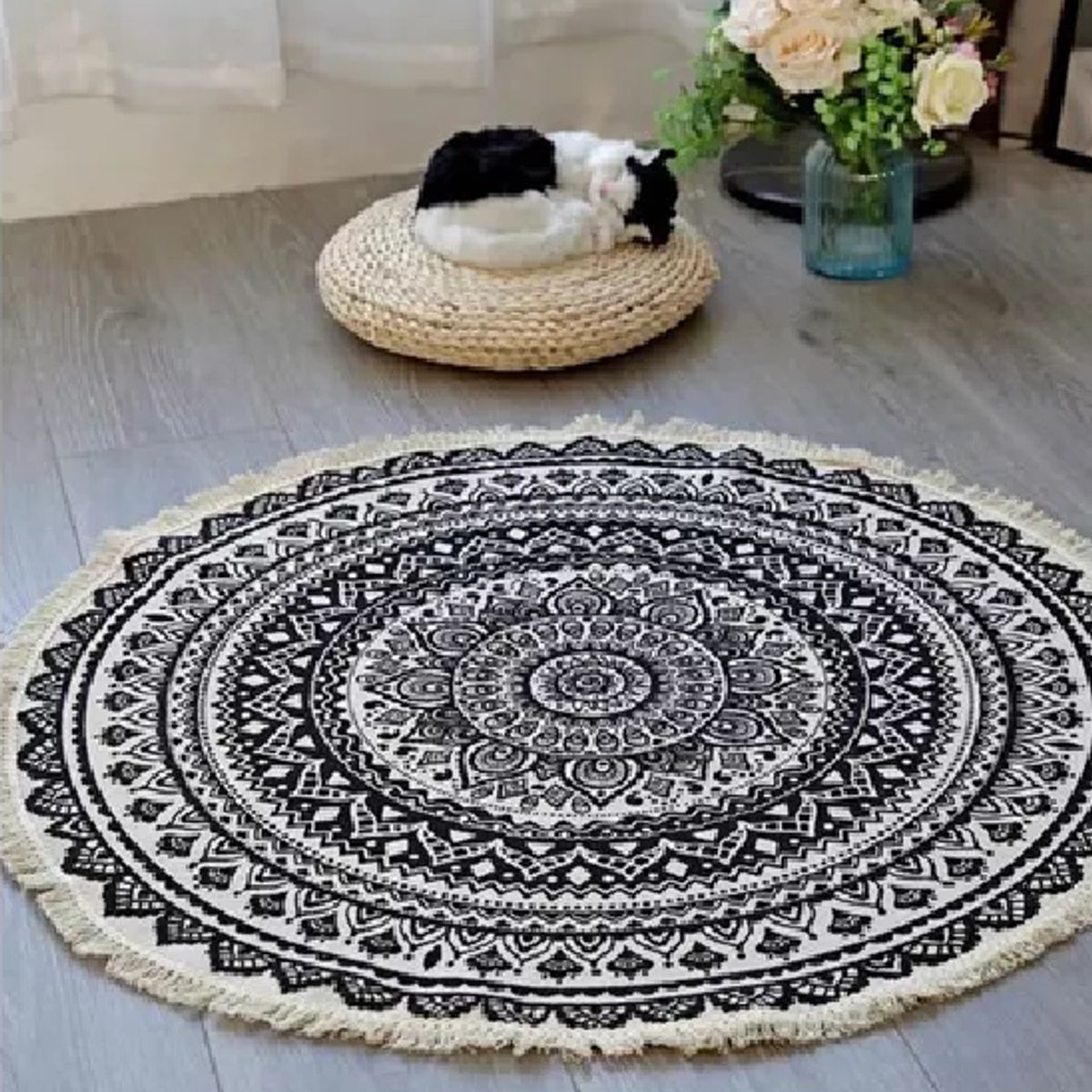 GENERICO - Alfombra Redonda 120 cm Quilín de LinoAlgodón Negro