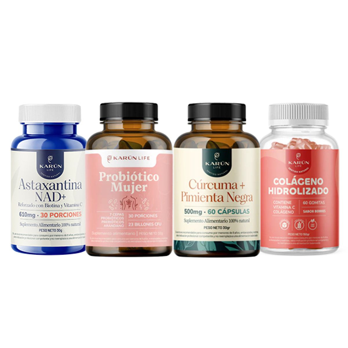 KARUNLIFE - Pack Mujer Vital: Probiótico, Cúrcuma, Astaxantina NAD+ y Colágeno Gomitas 240 u Karun Life