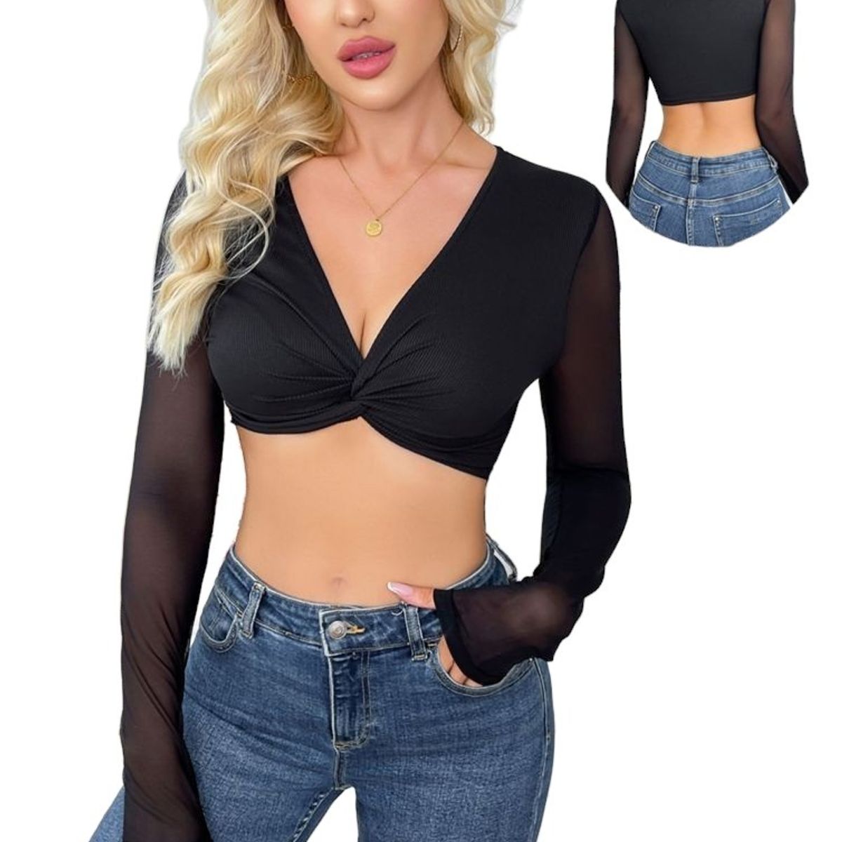 GARSIL - Crop Top Para Mujer Manga Larga Con Escote En V