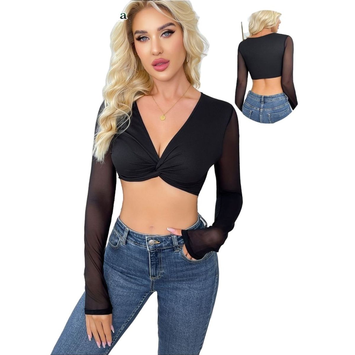 GARSIL - Crop Top Para Mujer Manga Larga Con Escote En V