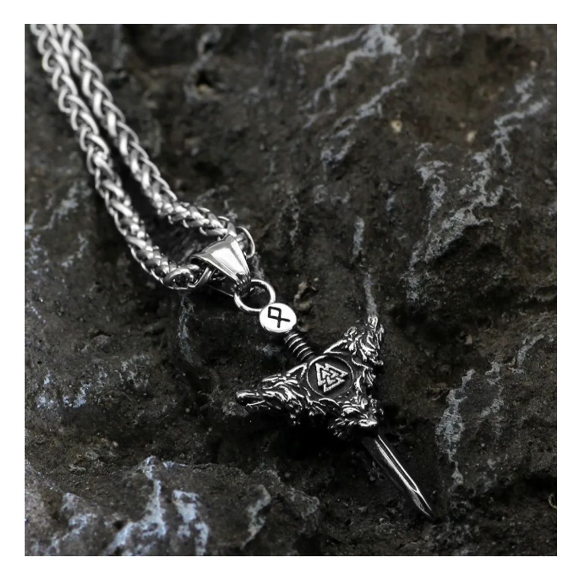 GENERICO - Collar Vikingo Espada Valknut Lobos Silver Space