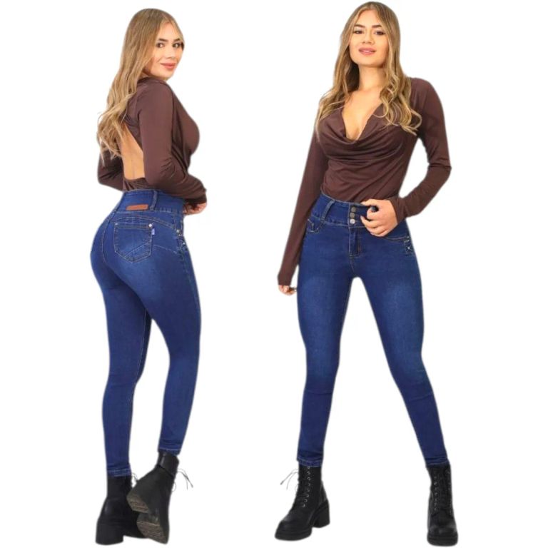 Jeans Pitillo Full Push Up Levanta Cola Corte Colombiano Azul 36