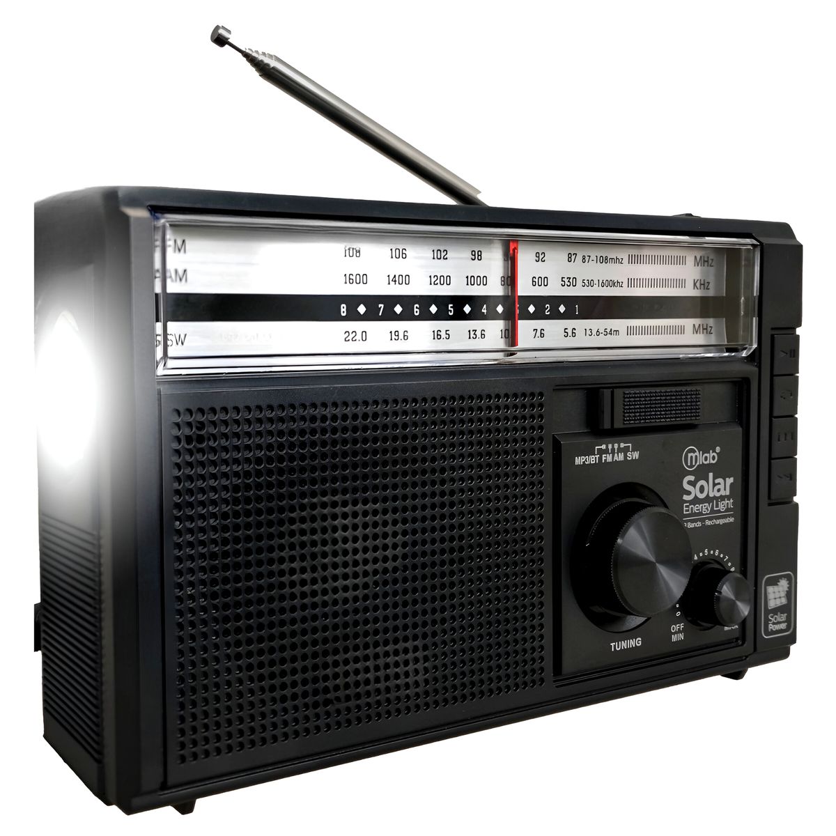 MLAB - Radio AM FM SW BT Recargable USB-C + Carga Solar & Pilas