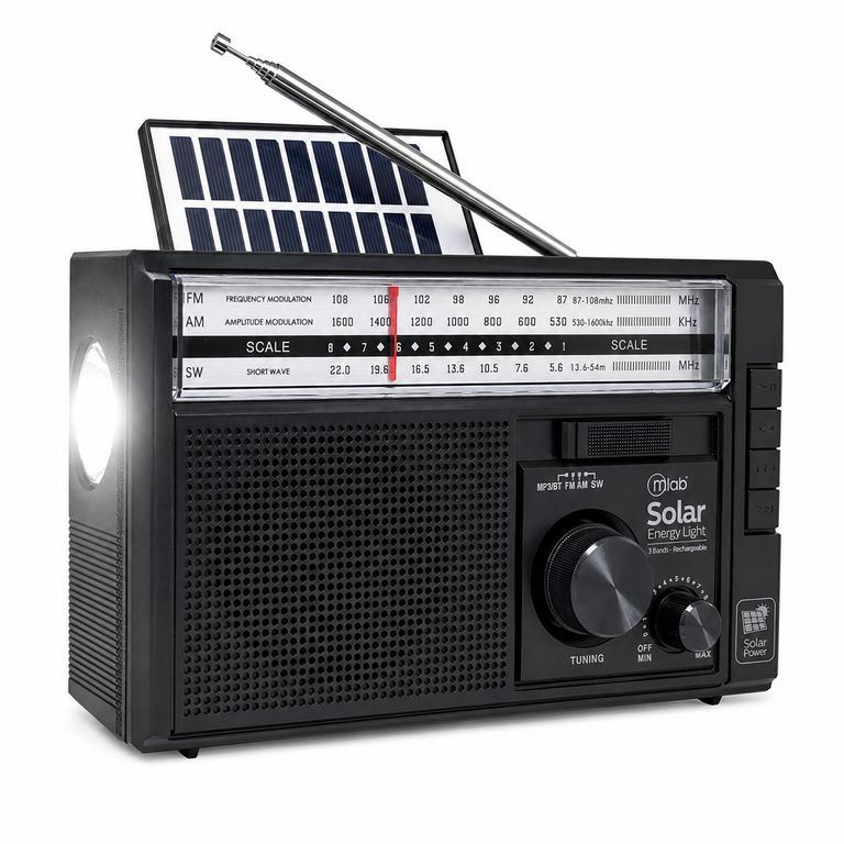 Radio AM FM SW BT Recargable USB-C + Carga Solar & Pilas