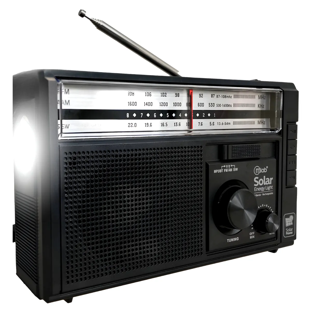 MLAB - Radio AM FM SW BT Recargable USB-C + Carga Solar & Pilas