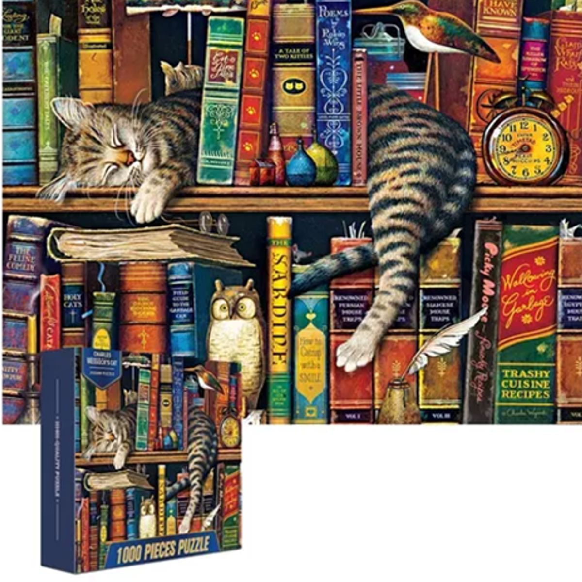GENERICO - Rompecabezas 70x50cm gato y libros multicolor