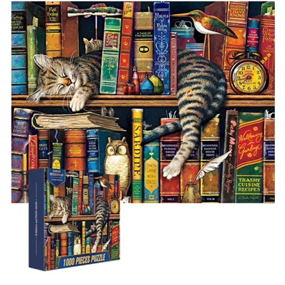 GENERICO - Rompecabezas 70x50cm gato y libros multicolor