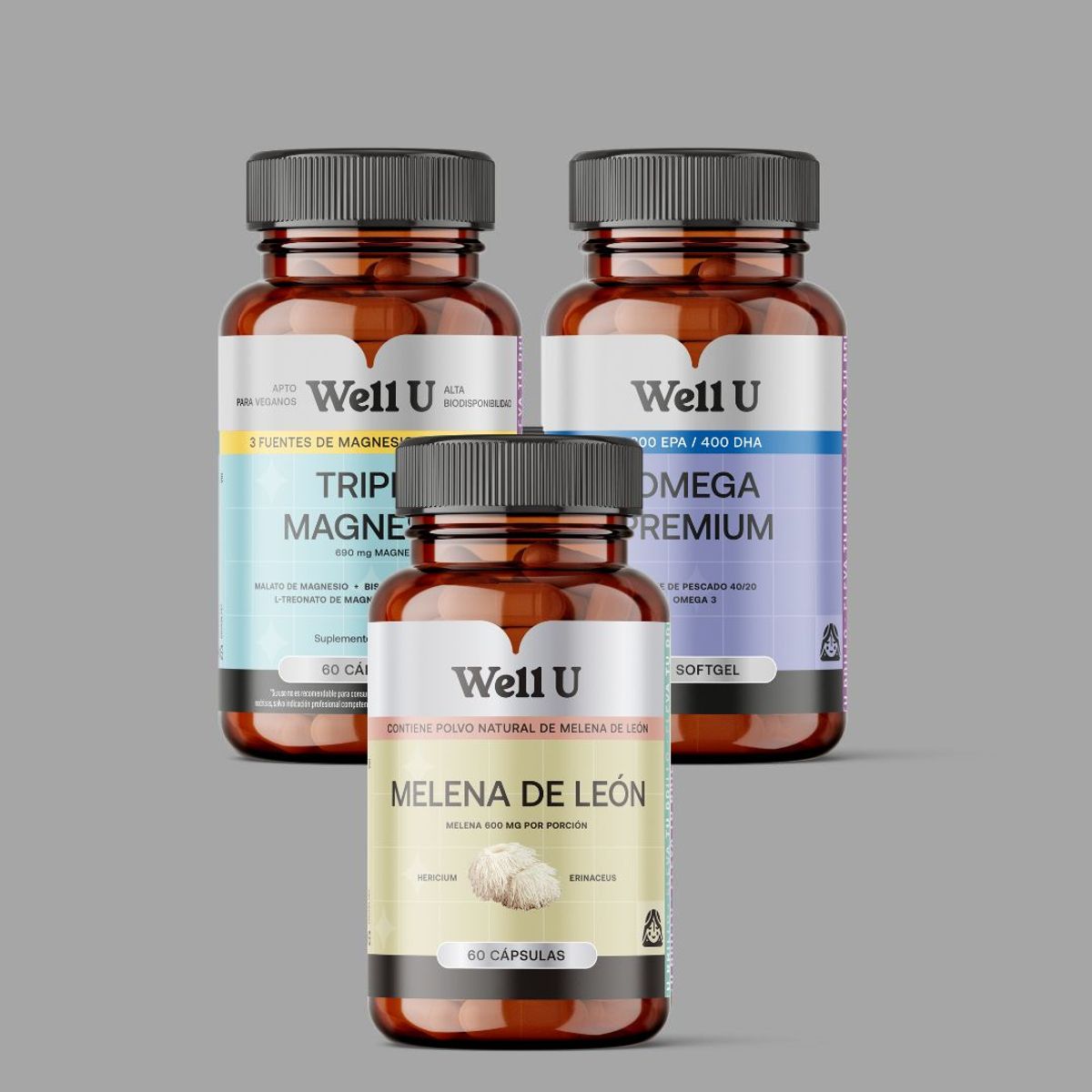 WELL U - Pack X 3 Magnesio + Omega Premium + Melena De Leon Well U