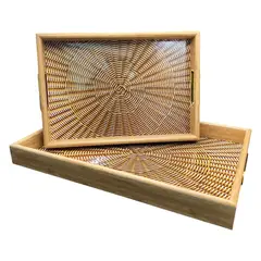 GENERICO - Set 2 Bandeja De Ratan Cesta Tejida Diseño Circulos