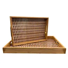 OEM - Set 2 Bandeja De Ratan Cesta Tejida Diseño Madera