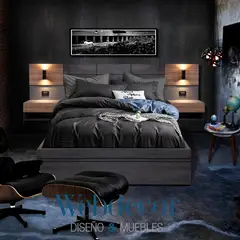 WEBDECOR - Respaldo de Cama Box 2 Plazas + Veladores + Base y Cajoneras