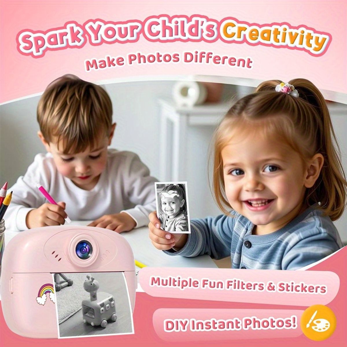 VATYERTY - Cámara digital de impresión instantánea con divertidos filtros y pegatinas Rosa