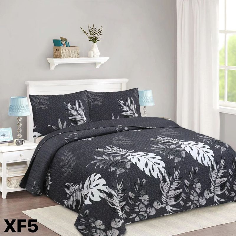 GENERICO - Cubrecama Quilt Verano 2 Plazas - Negro Hojas Blancas XF5