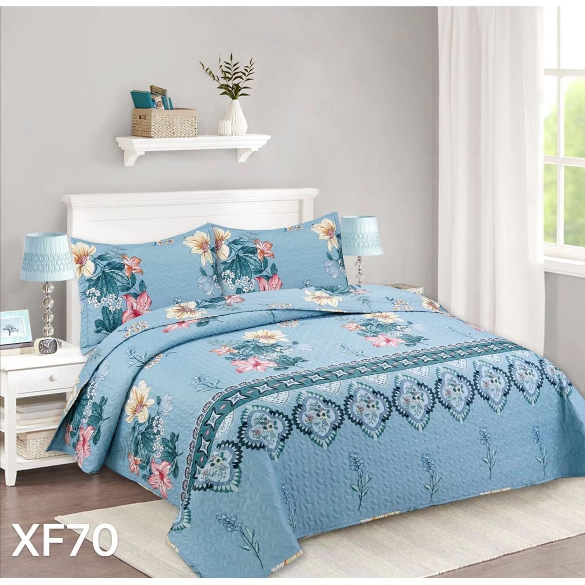 GENERICO - Cubrecama Quilt Verano 2 Plazas - Celeste Flores XF70