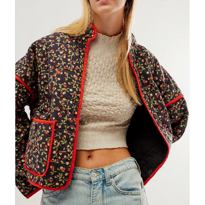 MOSS ROSE - Chaqueta de dama negra con estampado de flores pequeñas
