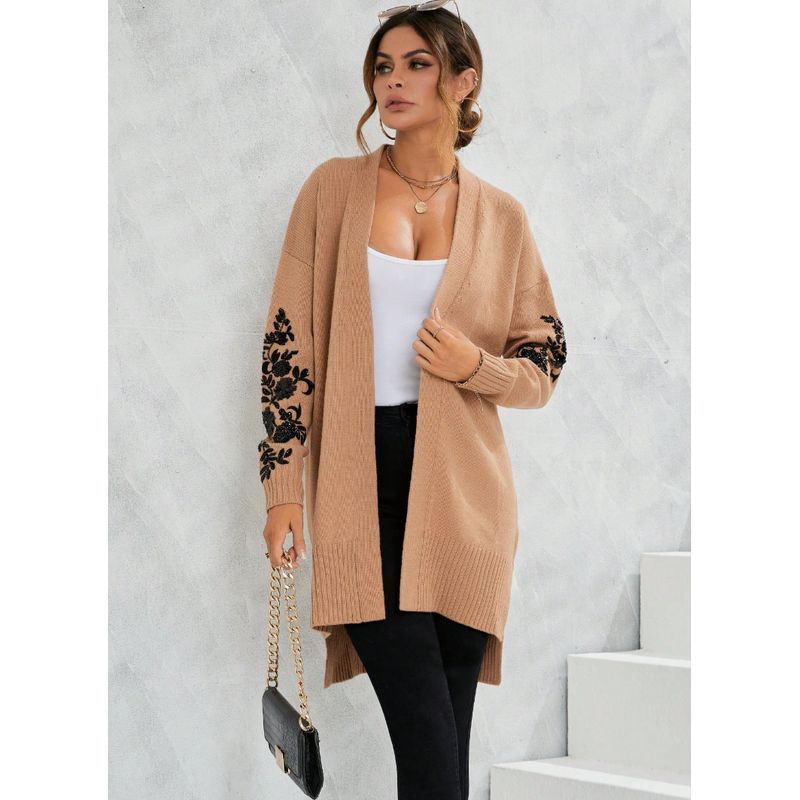 MOSS ROSE - Chaqueta larga de punto marrón para mujer