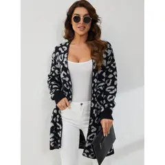 MOSS ROSE - Chaqueta de punto de estampado de leopardo negro para mujer
