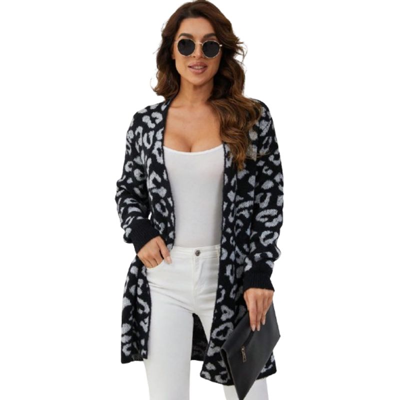MOSS ROSE - Cardigan de punto de estampado de leopardo negro para mujer