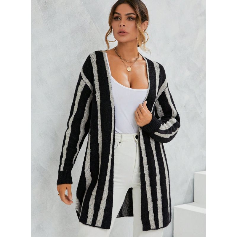 MOSS ROSE - Chaqueta de punto rayada negra para mujer